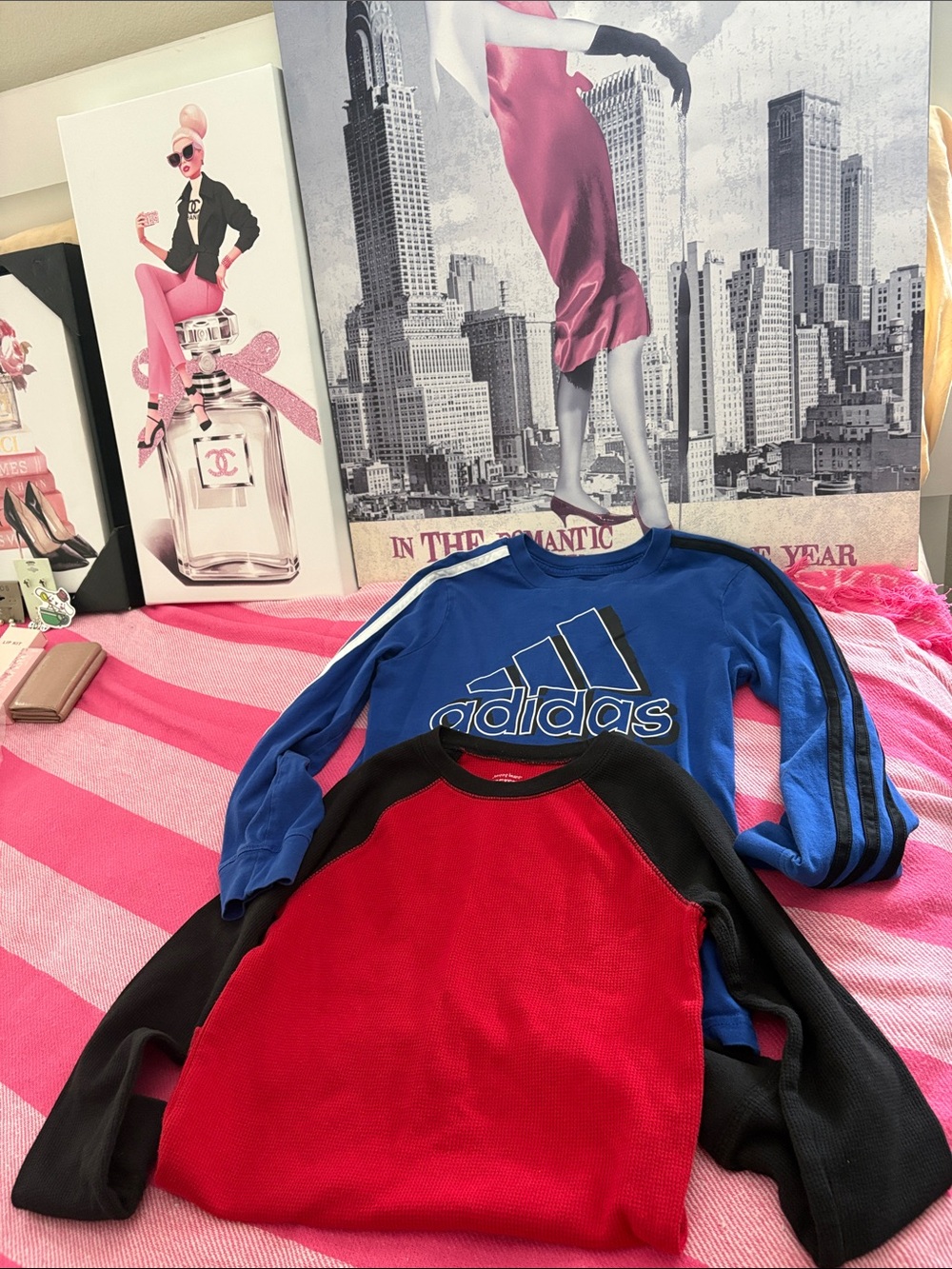 adidas Blue Long-Sleeve Logo long sleeve tee with Black Stripes and thermal tee